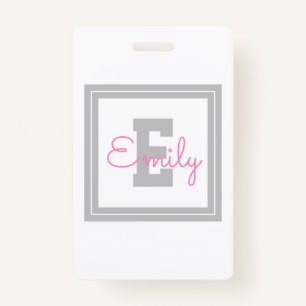 Cute Framed Name & Monogram   Light Grey & Pink Badge