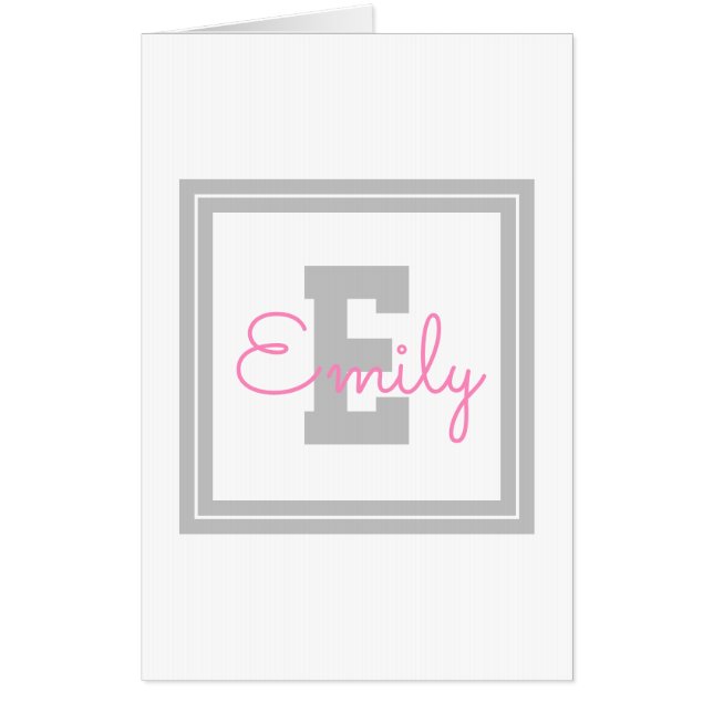 Cute Framed Name & Monogram | Light Grey & Pink Card (Front)
