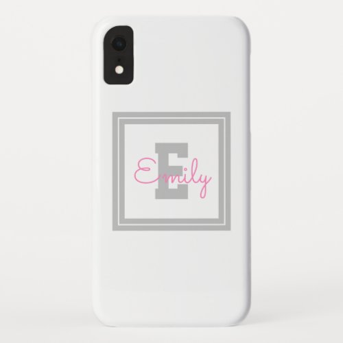 Cute Framed Name  Monogram  Light Grey  Pink iPhone XR Case