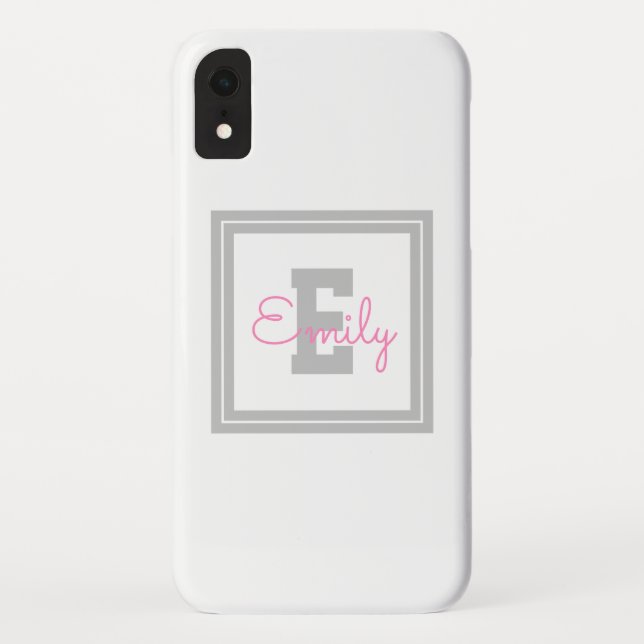 Cute Framed Name & Monogram | Light Grey & Pink Case-Mate iPhone Case (Back)