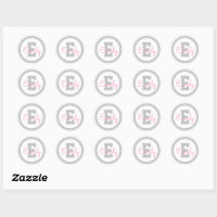 Cute Framed Name & Monogram, Light Grey & Pink Classic Round Sticker