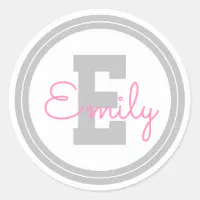 Cute Framed Name & Monogram, Light Grey & Pink Classic Round Sticker