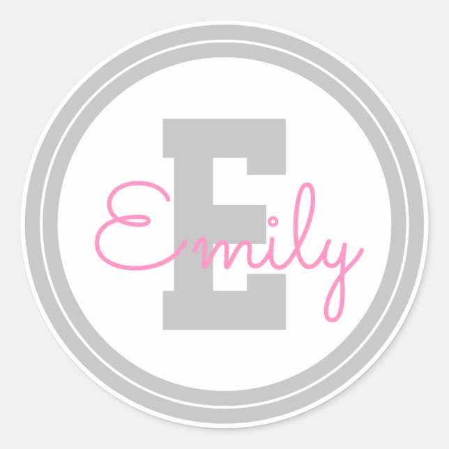 Cute Framed Name & Monogram | Light Grey & Pink Classic Round Sticker (Front)