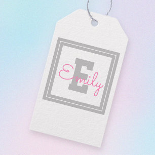 Cute Framed Name & Monogram   Light Grey & Pink Gift Tags