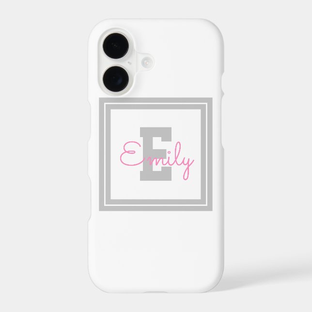 Cute Framed Name & Monogram | Light Grey & Pink Iphone Case (Back)