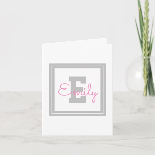 Cute Framed Name & Monogram | Light Grey & Pink Letterpress Thank You Card (Front)