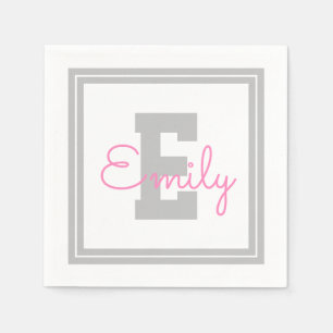 Cute Framed Name & Monogram Light Grey & Pink Napkins