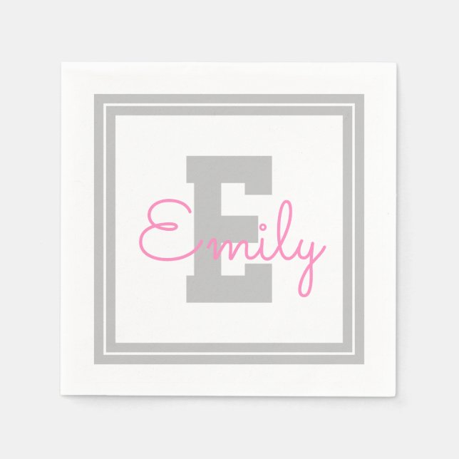 Cute Framed Name & Monogram | Light Grey & Pink Napkins (Front)