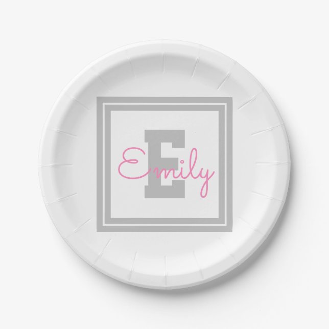 Cute Framed Name & Monogram | Light Grey & Pink Paper Plates (Front)