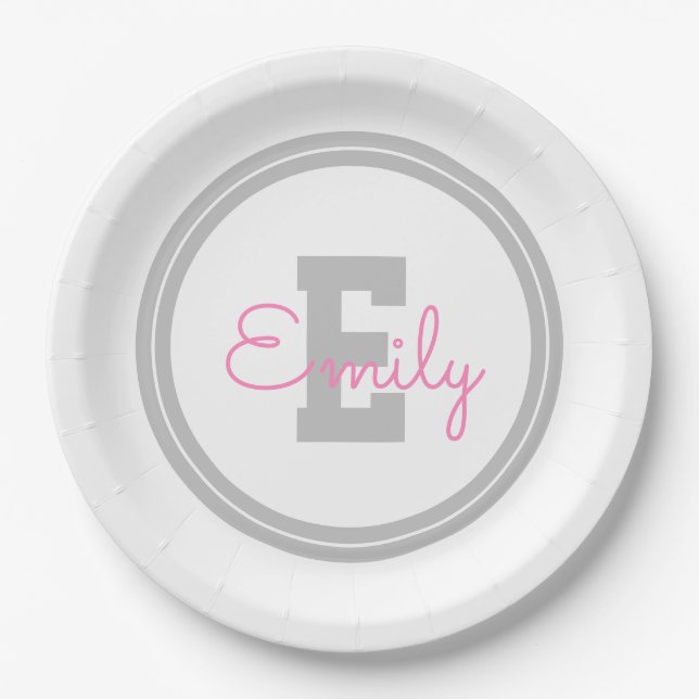 Cute Framed Name & Monogram | Light Grey & Pink Paper Plates (Front)