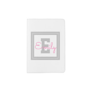 Cute Framed Name & Monogram   Light Grey & Pink Passport Holder
