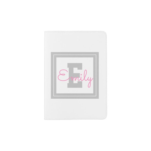 Cute Framed Name & Monogram | Light Grey & Pink Passport Holder (Front)