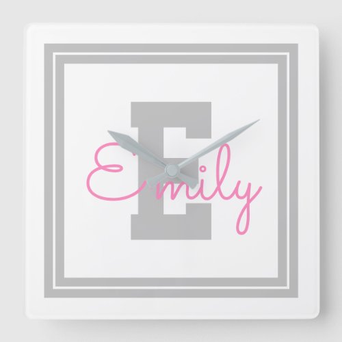 Cute Framed Name  Monogram  Light Grey  Pink Square Wall Clock