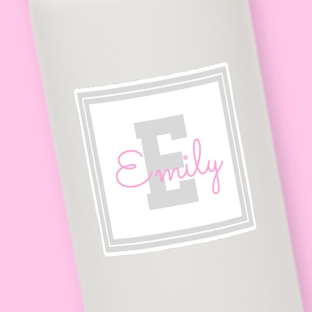 Cute Framed Name & Monogram | Light Grey & Pink Sticker (Creator Uploaded)