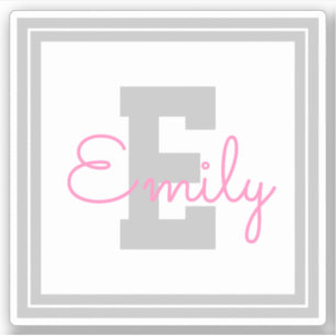 Cute Framed Name & Monogram   Light Grey & Pink Sticker