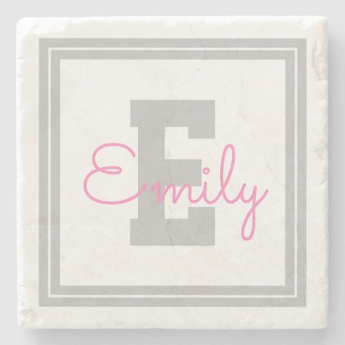 Cute Framed Name  Monogram  Light Grey  Pink Stone Coaster