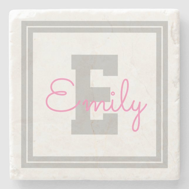 Cute Framed Name & Monogram | Light Grey & Pink Stone Coaster (Front)