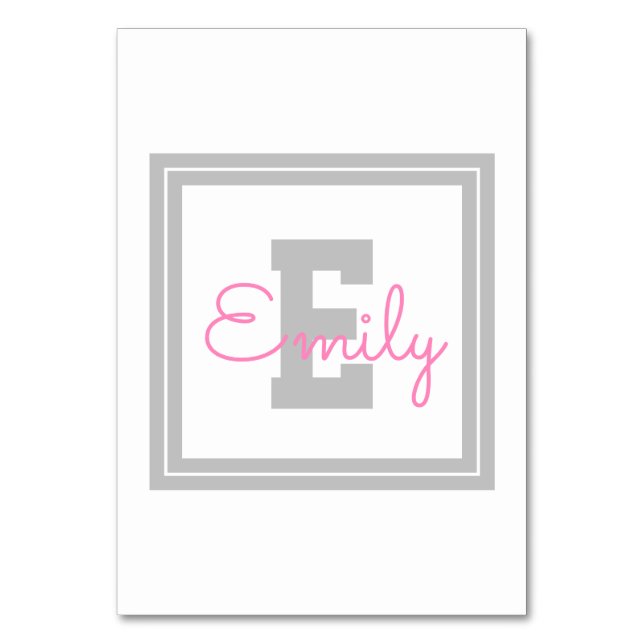 Cute Framed Name & Monogram | Light Grey & Pink Table Number (Front)