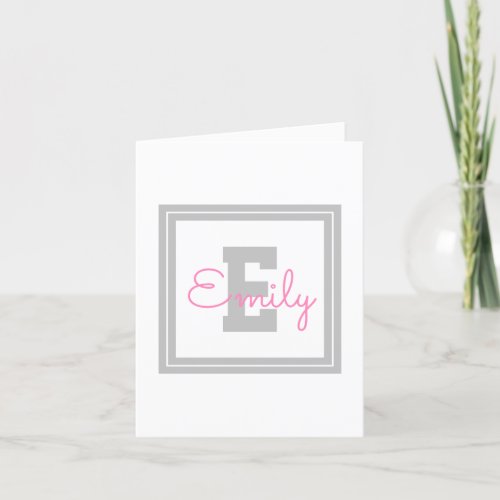 Cute Framed Name  Monogram  Light Grey  Pink Thank You Card