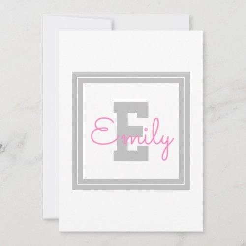 Cute Framed Name  Monogram  Light Grey  Pink Thank You Card