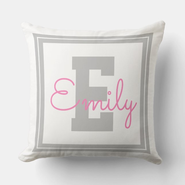 Cute Framed Name & Monogram | Light Grey & Pink Throw Pillow (Front)