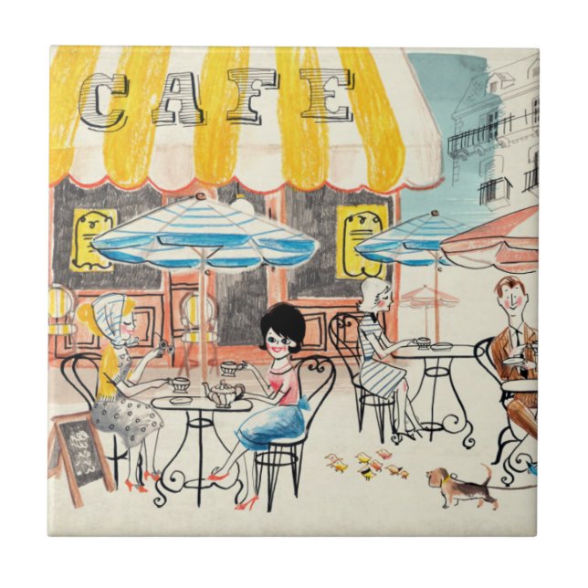 Cute France Café Scene Sketch Ceramic Tile (Front)