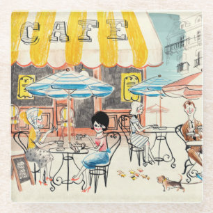 Cute France Café Scene Sketch Glass Coaster