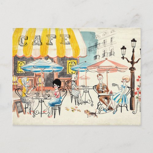 Cute France Caf Scene Sketch Postcard