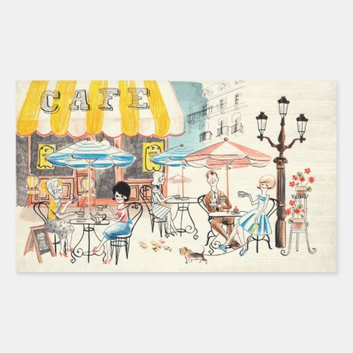 Cute France Caf Scene Sketch Rectangular Sticker