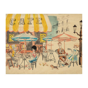 Cute France Café Scene Sketch Wood Wall Art