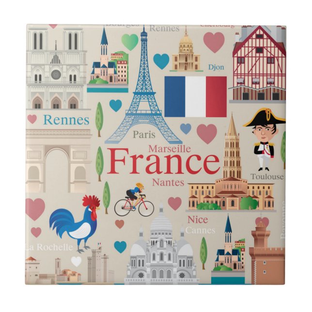 Cute France Icons Ceramic Tile (Front)