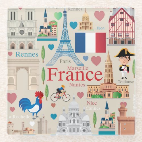 Cute France Icons Glass Coaster