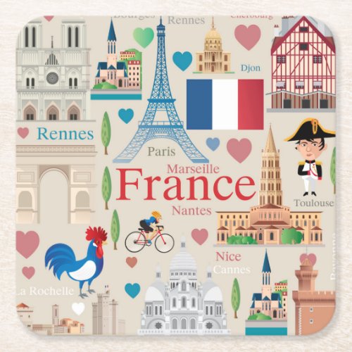Cute France Icons Square Paper Coaster