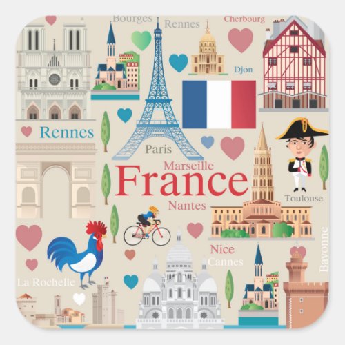 Cute France Icons Square Sticker