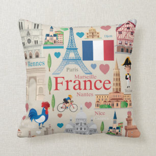Cute France Icons Throw Pillow