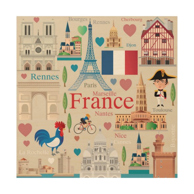 Cute France Icons Wood Wall Art (Front)