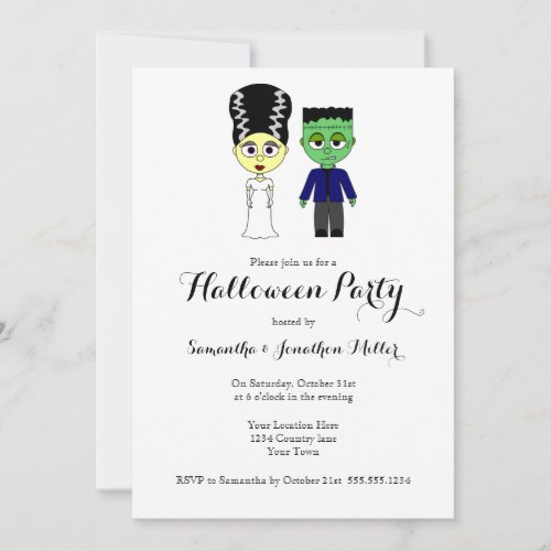 Cute Frankenstein and Bride Halloween Party Invitation