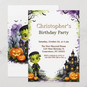 Cute Frankenstein Boy Halloween Birthday Party Invitation