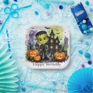Cute Frankenstein Boy Halloween Birthday Party Paper Plates