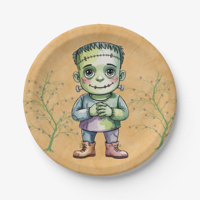 Cute Frankenstein Halloween Birthday Boy Party Paper Plates (Front)