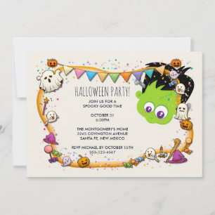 Cute Frankenstein Monster & Halloween Frame Party Invitation