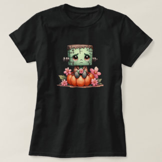 Cute Frankenstein Sitting on Pumpkin with Flowers T-Shirt