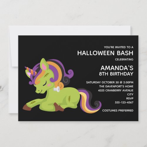 Cute Frankenstein Unicorn Halloween Birthday Invitation