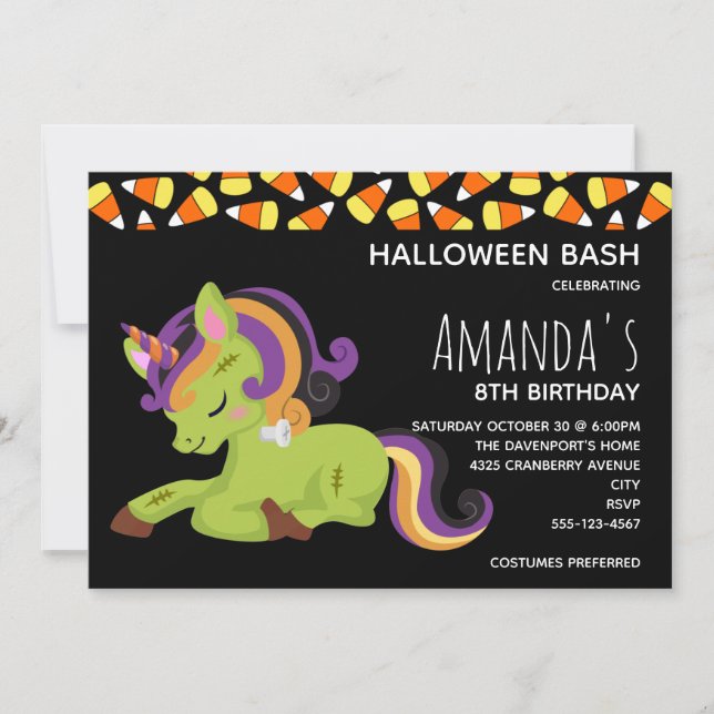 Cute Frankenstein Unicorn Halloween Birthday Invitation (Front)