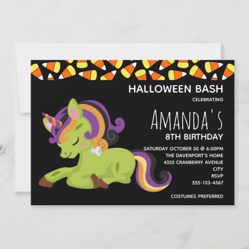 Cute Frankenstein Unicorn Halloween Birthday Invitation