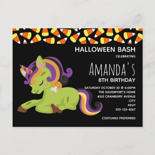 Cute Frankenstein Unicorn Halloween Birthday Invitation Postcard