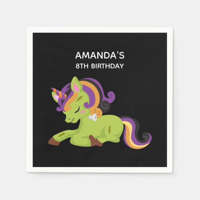 Cute Frankenstein Unicorn Halloween Birthday Napkins (Front)