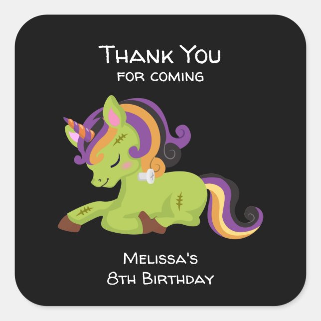 Cute Frankenstein Unicorn Halloween Birthday Square Sticker (Front)