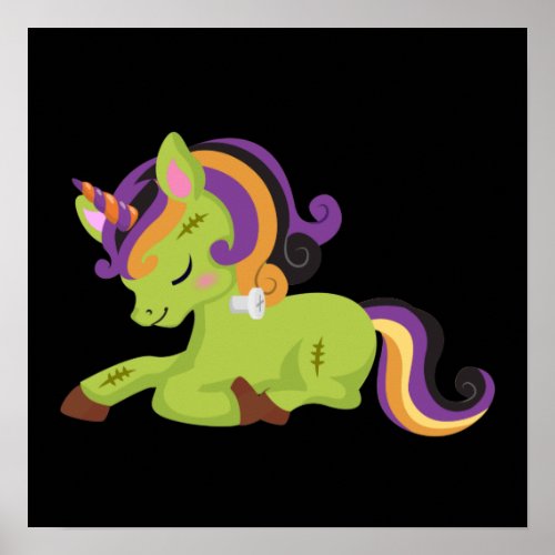 Cute Frankenstein Unicorn Halloween Drawing Poster