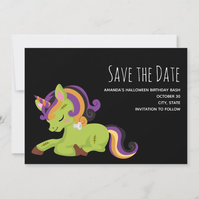 Cute Frankenstein Unicorn Halloween Drawing Save The Date (Front)